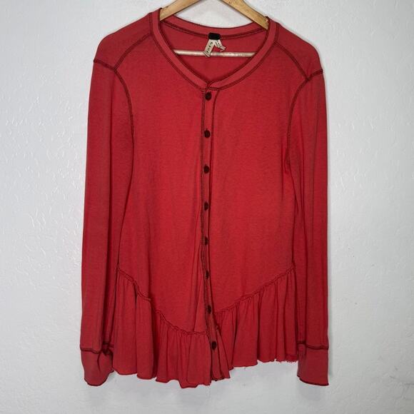 We The Free People Longsleeves button front top Ruffles Hem Raw Pink Femine - Picture 3 of 8